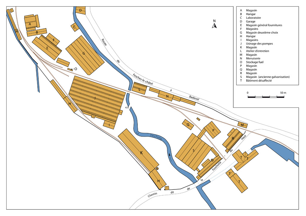 Plan-masse de l'usine en 1977. D'après un extrait du plan cadastral.