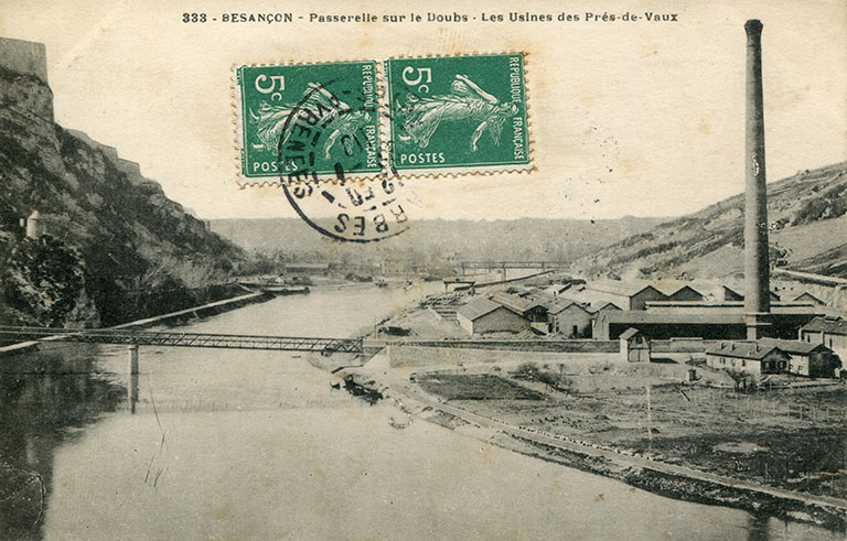 333 - Besançon - Passerelle sur le Doubs - Les usines des Prés-de-Vaux, [entre 1892 et 1905].