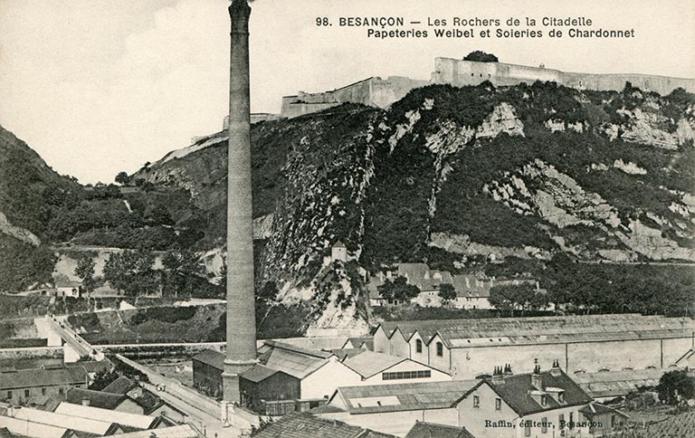 98. Besançon - Les Rochers de la Citadelle, Papeteries Weibel et Soieries de Chardonnet, [entre 1892 et 1905].