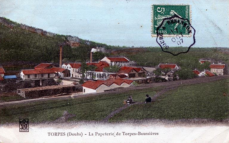 Torpes (Doubs). La papeterie de Torpes-Boussières, carte postale, s.d. [fin 19e ou début 20e siècle].