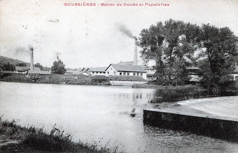 Boussières. Bord du Doubs et Papeteries, carte postale, s.d. [fin 19e ou début 20e siècle].