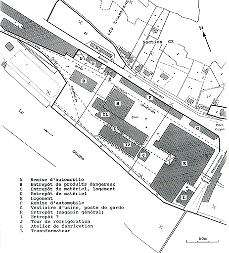 Plan-masse de la partie occidentale du site industriel (usine B). Extrait du plan cadastral, 1982, section DH, 1/1 000 réduit à 1/2 000.