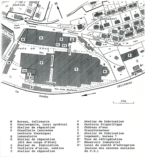 Plan-masse de la partie centrale du site industriel (usine A). Extrait du plan cadastral, 1982, section DH, 1/1 000 réduit à 1/2 000.