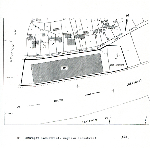 Plan-masse de la partie orientale du site industriel (usine C). Extrait du plan cadastral, 1982, section DH, 1/1 000 réduit à 1/2 000.