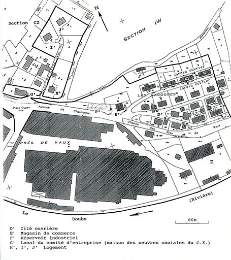 Plan-masse de la partie résidentielle du site. Extrait du plan cadastral, 1982, section DH, 1/1 000 réduit à 1/2 000.