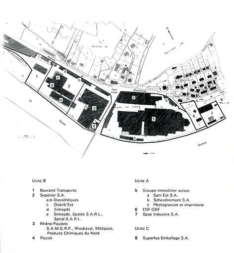 Plan de localisation des sociétés occupant le site en 1992. D'après le plan cadastral, 1982, section DH, 1/1 000 réduit à l'échelle approximative 1/4 000.