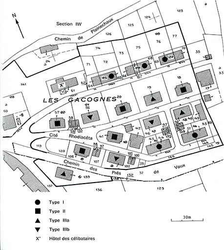 Plan typologique de la cité ouvrière. Extrait du plan cadastral, 1982, section DH, 1/1 000.