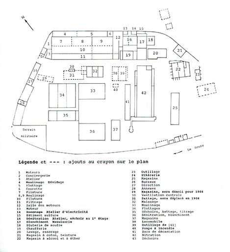 Distribution des ateliers en 1906. Croquis d'après le plan de 1906, échelle approximative 1/500.