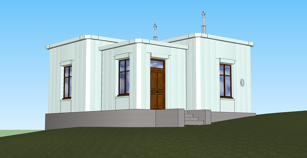 Restitution de la maison d'origine, vue de trois quarts gauche (dessin des élévations sud et est). ; Restitution du prototype rue d'Allonal.