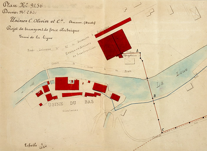 Transport de force entre les usines Olivier et Cie [Plan des usines en aval], 1908.