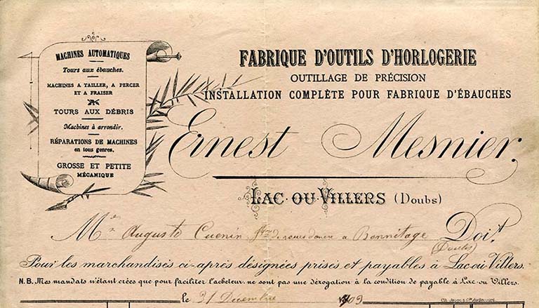 Papier à en-tête d'Ernest Mesnier, à Villers-le-Lac. 31 décembre 1903.
