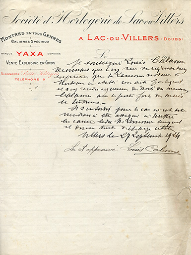 Papier à en-tête de la Société d'Horlogerie de Lac-ou-Villers [marque Yaxa], 27 septembre 1924.