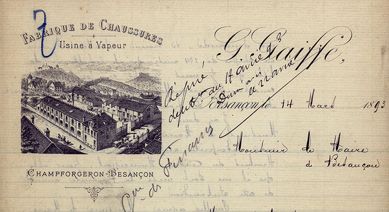 Papier à en-tête, 1893 (usine de chaussures Gaiffe, 47 avenue Georges Clemenceau). ; Papier à en-tête, 1893. 