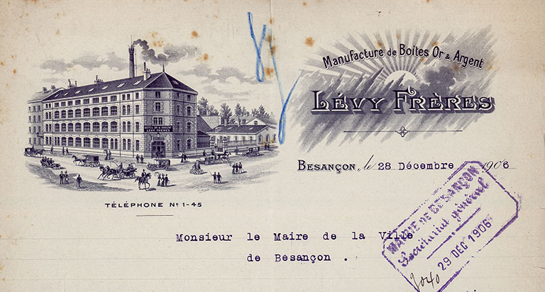 Manufacture de boîtes de montres Lévy Frères (25 rue Gambetta), Papier à en-tête, 1906. ; Manufacture de boîtes de montres Lévy Frères (25 rue Gambetta), Papier à en-tête, 1906.