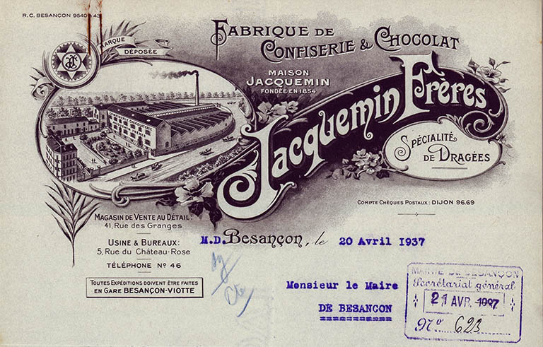 Fabrique de confiserie et chocolat Jacquemin Frères, papier à en-tête, 1937 (5-7 rue du Château-Rose).