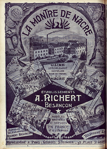 Montre de nacre Perla, publicité, 1910 (19 rue des Villas). ; Publicité Ets A. Richert, 1908.