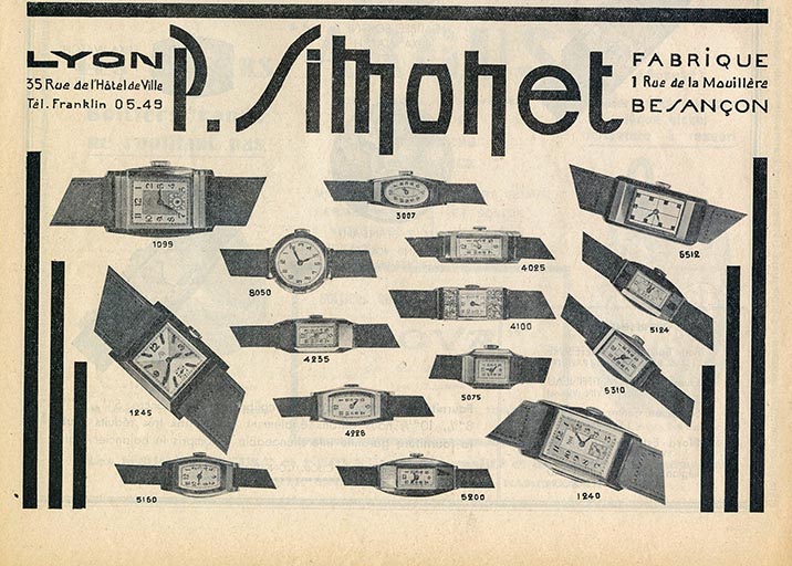 Publicité de la fabrique de montres P. Simonet (1 rue de la Mouillère), 1935.