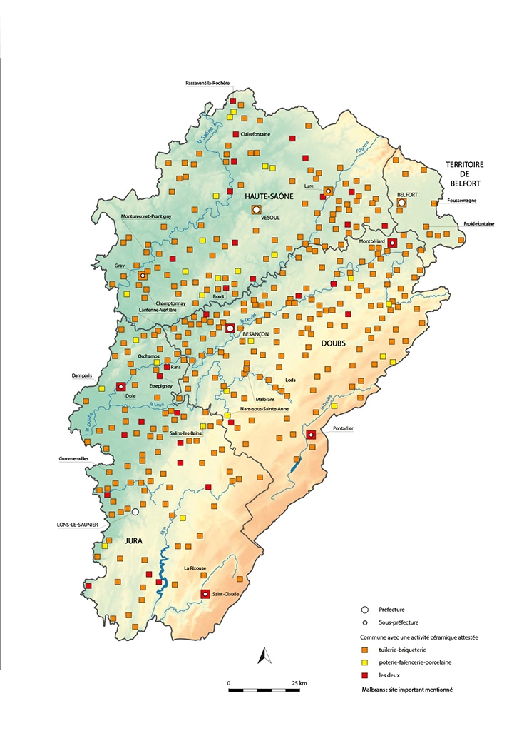 Carte de localisation des ateliers et usines liés à la céramique, d’après la toponymie, la documentation et les vestiges ou bâtiments subsistants.