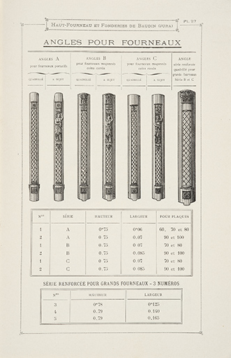 Pl. 27 : angles pour fourneau. Album d’appareils de chauffage [4e quart 19e siècle].