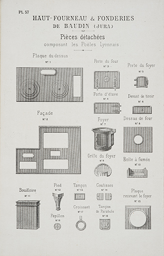 Pl. 57 : pièces détachées pour poêles lyonnais. Album d’appareils de chauffage, s.d. [4e quart 19e siècle].