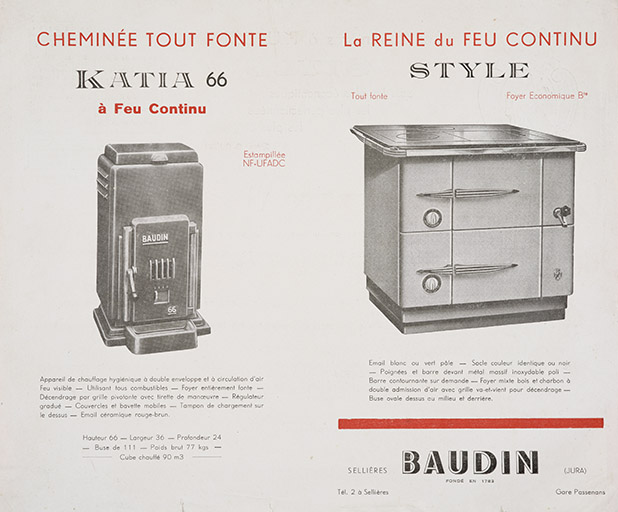 Poêle Katia 66 et cuisinière Style, document publicitaire, s.d. [milieu 20e siècle].