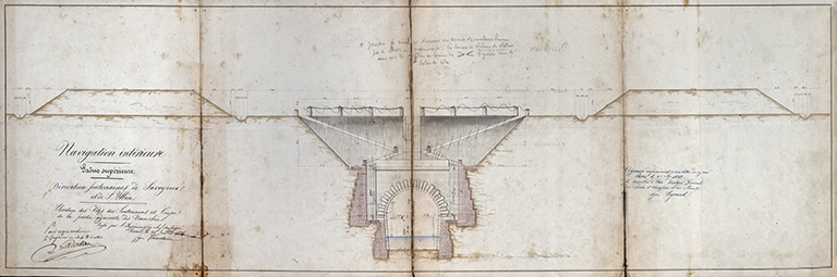 Navigation intérieure - Saône supérieure - Dérivations souterraines de Savoyeux et de Saint-Albin - Élévations des têtes des souterrains et coupe de la partie adjacente des tranchées (1838).