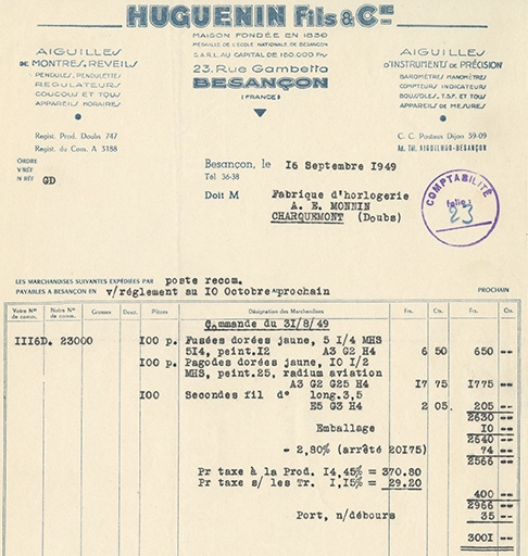 Huguenin Fils et Cie, papier à en-tête, 1949.