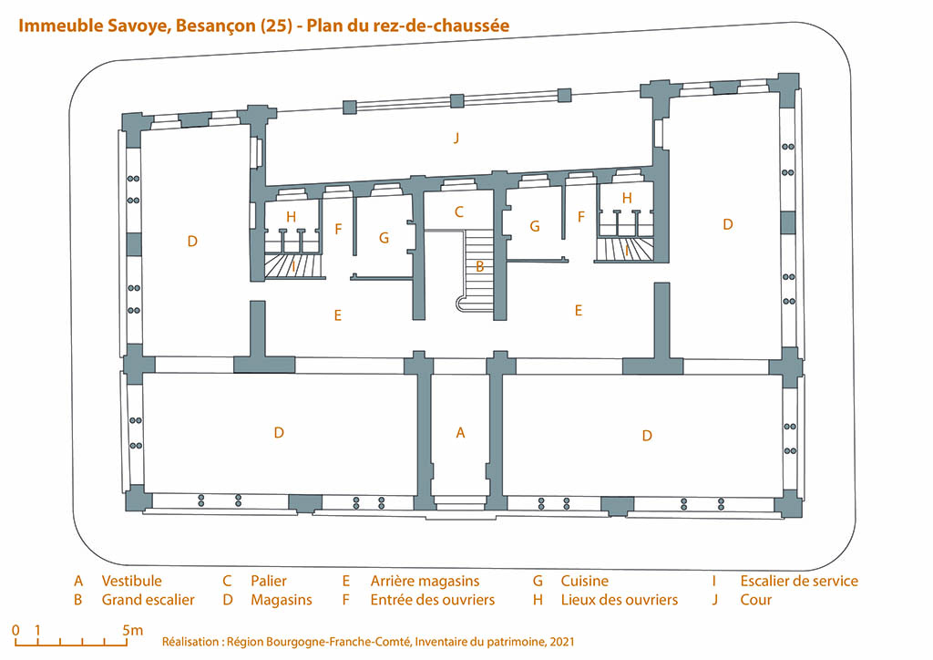 Plan du rez-de-chaussée, échelle 1/200, mise au net d'un relevé, s.d. [vers 1875].