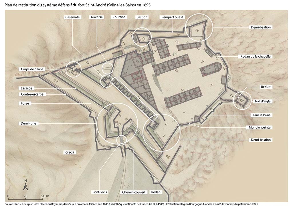 Plan de restitution du système défensif du fort Saint-André (Salins-les-Bains) en 1693.