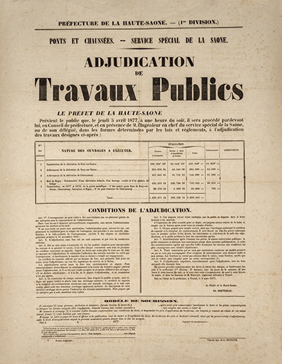 Affiche pour l'adjudication au sujet de la construction de dérivations (1877).