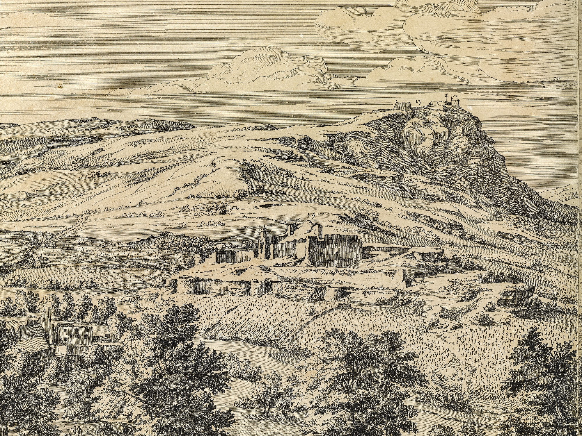 Siège de Salins [ détail : le fort de Bracon]. S.d. [vers 1674]. ; Siège de Salins : détail de la croix de Saint-André et du donjon. [vers 1674].