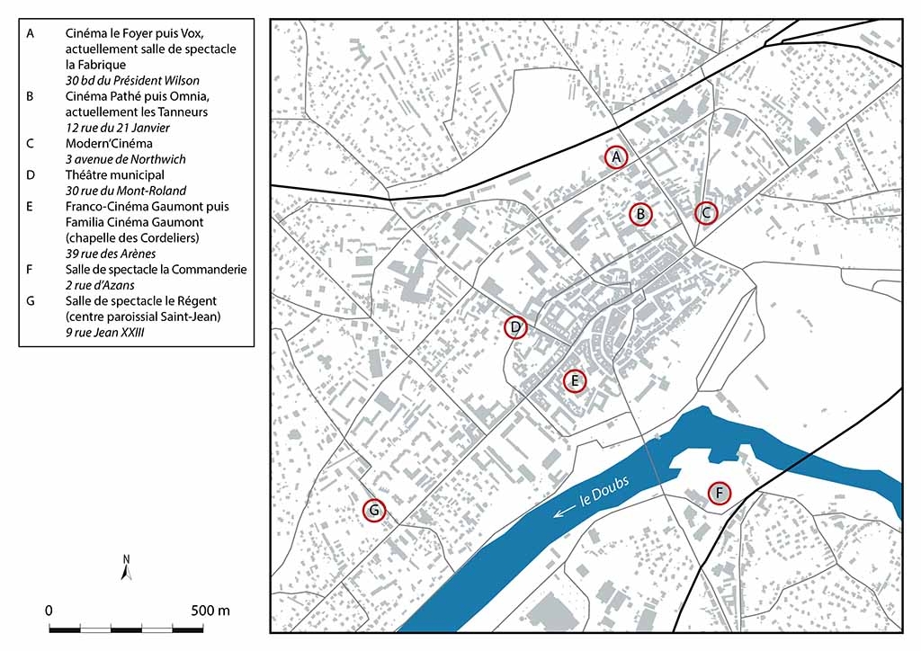 Carte de localisation des salles de spectacle. Fonds de carte : IGN, BD Carto et Parcellaire express, 2020, 1/10 000.