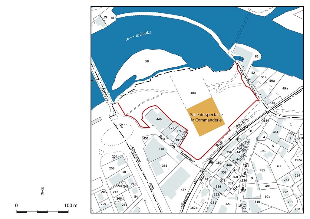 Plan de situation de la salle de spectacle la Commanderie. Extrait du plan cadastral, 2022, section BY, échelle 1/1 000 réduite à 1/2 000.