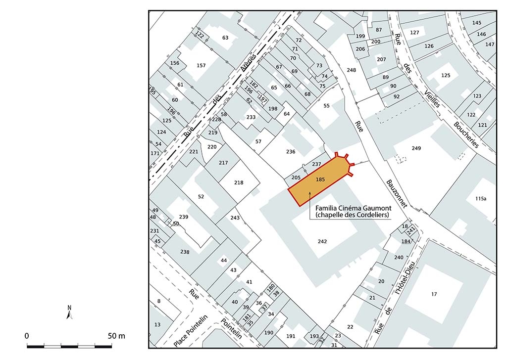 Plan de situation du Franco-Cinéma Gaumont puis Familia Cinéma Gaumont (chapelle des Cordeliers). Extrait du plan cadastral, 2022, section BH, échelle 1/500 agrandie à 1/1 000.