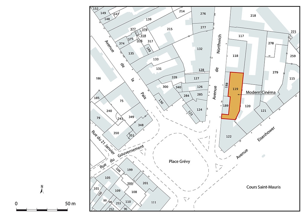Plan de situation du Modern'Cinéma. Extrait du plan cadastral, 2022, section AX, échelle 1/1 000.