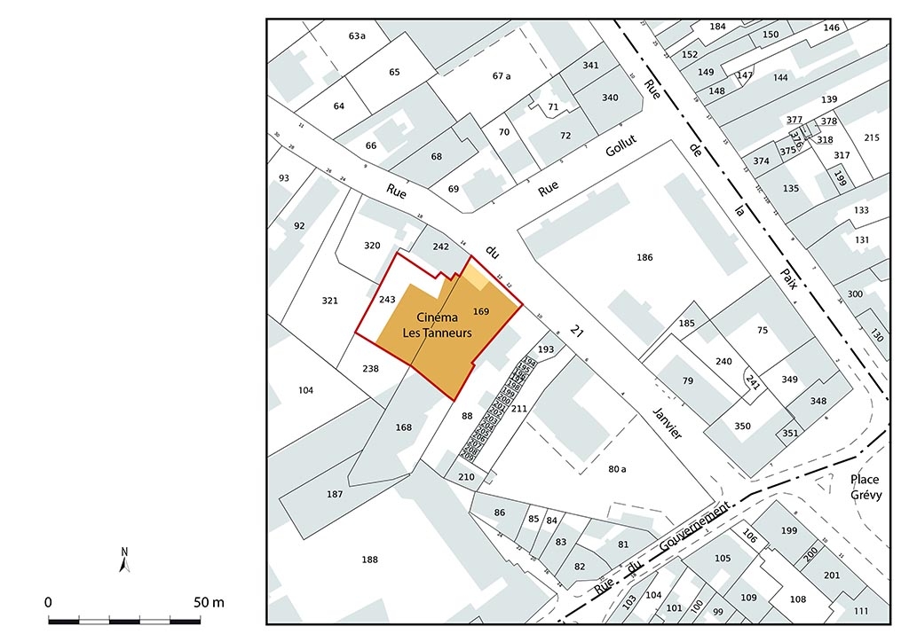Plan de situation du cinéma les Tanneurs (auparavant l'Omnia). Extrait du plan cadastral, 2022, section BL, échelle 1/1 000.