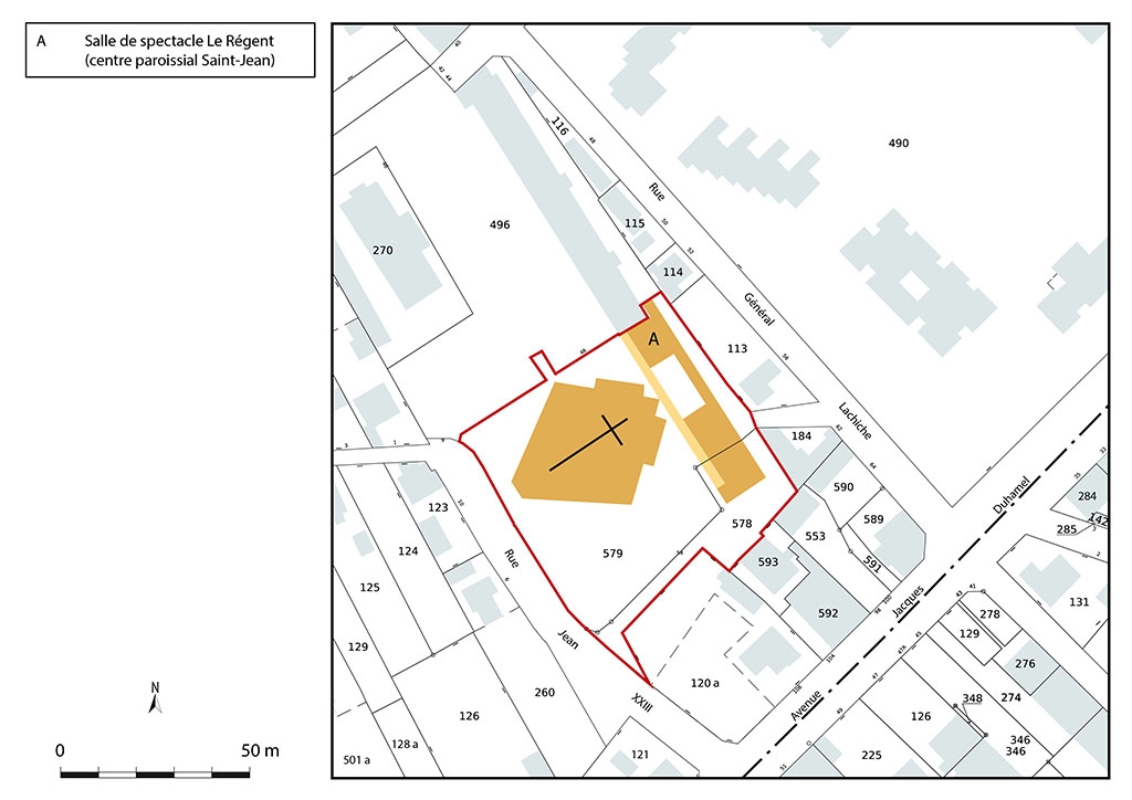 Plan de situation de la salle de spectacle le Régent (centre paroissial Saint-Jean). Extrait du plan cadastral, 2022, section BT, échelle 1/1 000.