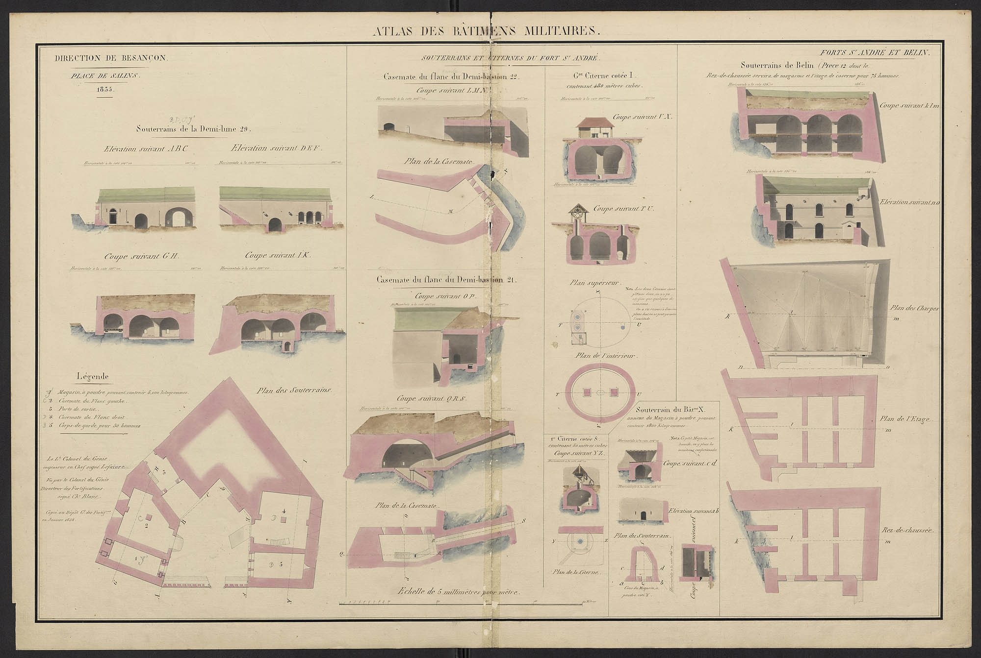 Atlas des bâtiments militaires. Direction de Besançon. Place de Salins. Forts St-André et Belin. 1835. La demi-lune est représentée sur les colonnes de gauche et du centre.