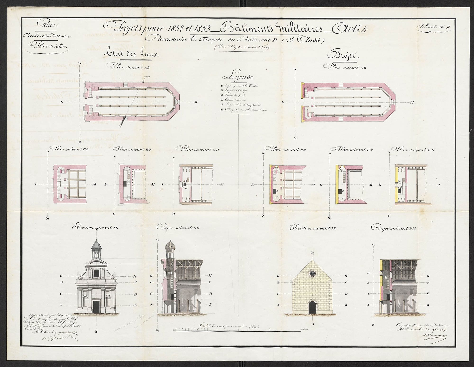 Place de Salins. Projets pour 1852 et 1853 - Bâtiments militaires. Reconstruire la façade du bâtiment P [chapelle] (St André). 1851.