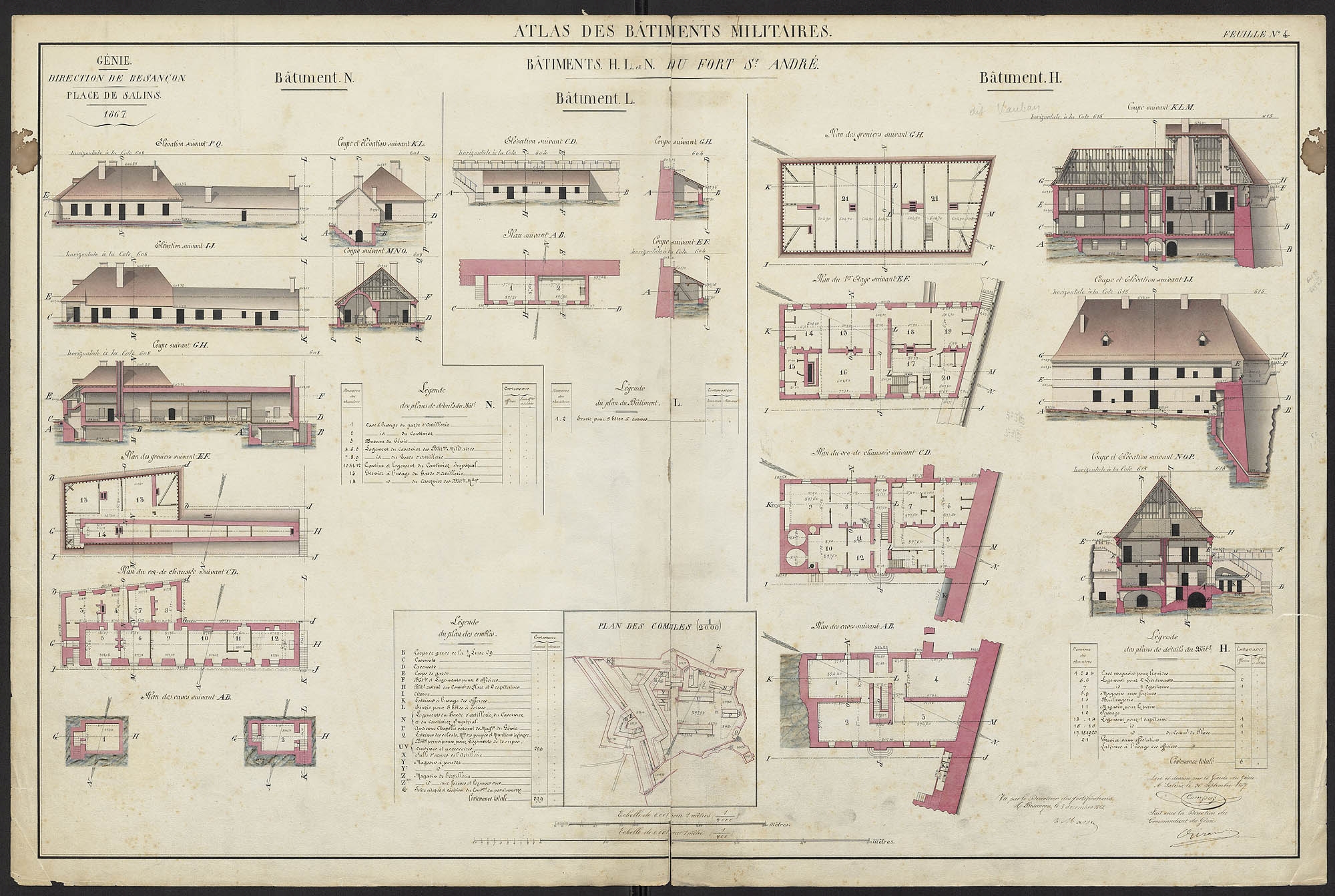 Atlas des bâtiments militaires. Génie. Direction de Besançon. Place de Salins. Bâtiments H, L et N du Fort St-André. 1867.
