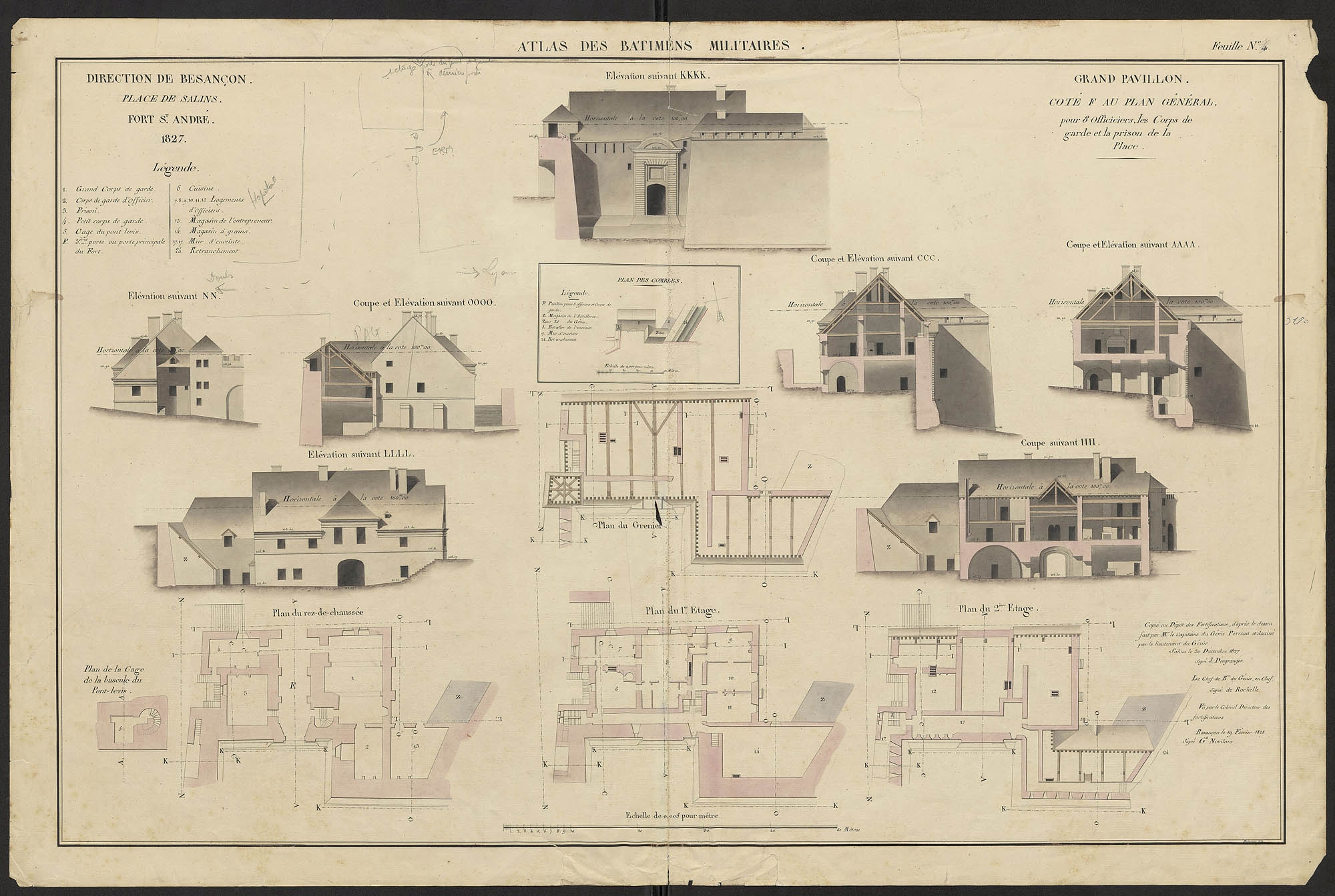 Atlas des bâtiments militaires. Direction de Besançon. Fort St André. Grand Pavillon. 1827.