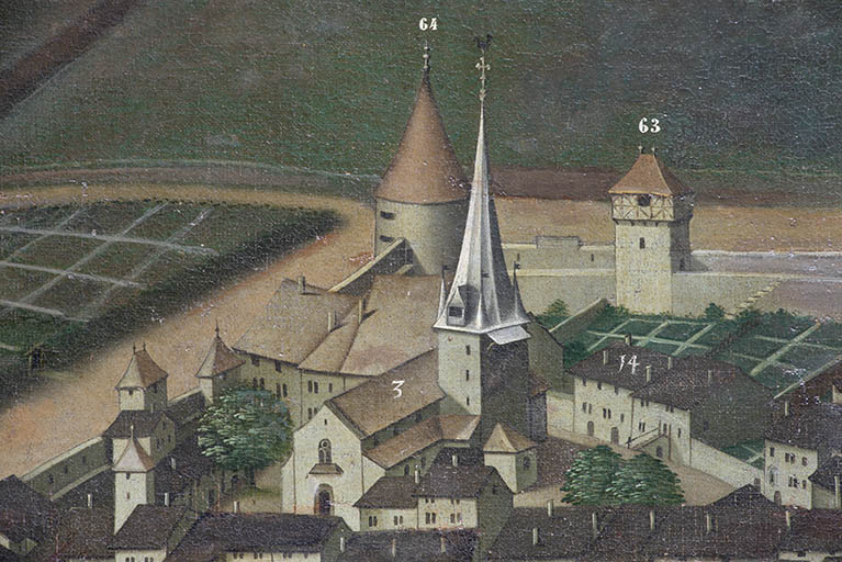Détail du tableau de Nicolas Richard : la tour d'Andelot (n°64). 1628. ; Détail du tableau de Nicolas Richard : quartier de Saint-Maurice. 1628.