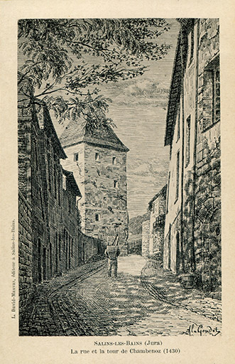 Salins-les-Bains (Jura). La rue et la tour de Chambenoz (1430), carte postale, s.d. [avant 1902].