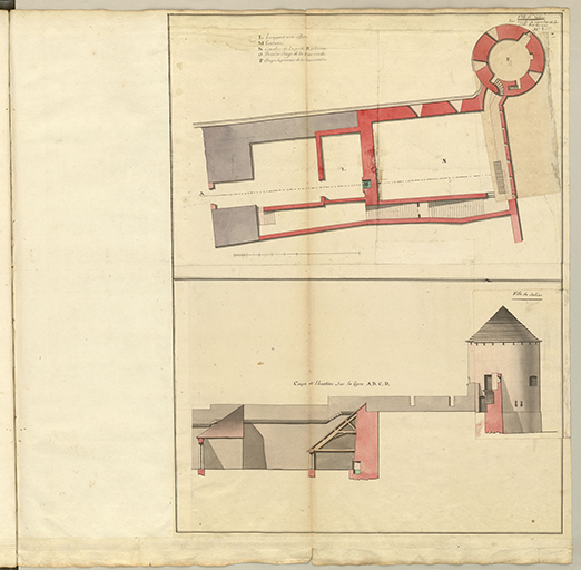 Folio 13. Ville de Salins. Tour ronde et cavalier de la porte Barbarine. N°2. Plan, coupe et élévation.