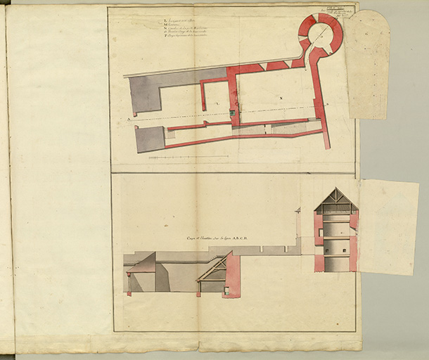 Folio 13. Ville de Salins. Tour ronde et cavalier de la porte Barbarine. N°2. Plan, coupe et élévation.