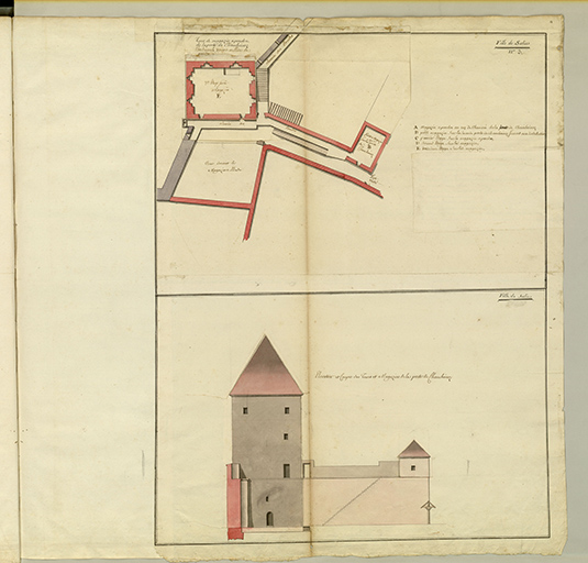 Folio 14. Ville de Salins. Tour et magazin à poudre de la porte de Chamboinoz. N°3. Plan, coupe et élévation. Troisième étage sur le magazin.
