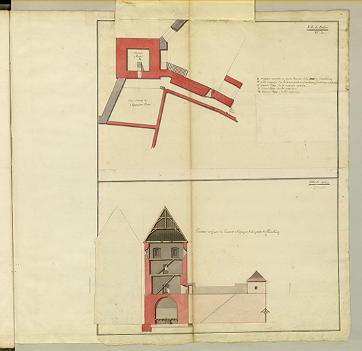 Folio 14. Ville de Salins. Tour et magazin à poudre de la porte de Chamboinoz. N°3. Plan, coupe et élévation. Magazin à poudre.