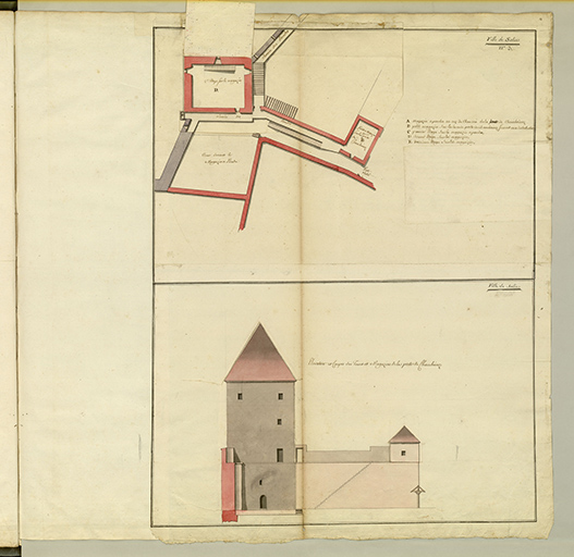 Folio 14. Ville de Salins. Tour et magazin à poudre de la porte de Chamboinoz. N°3. Plan, coupe et élévation. Deuxième étage sur le magazin.