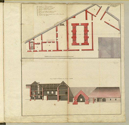 Fol. 15 Fort Saint-André-sur-Salins : plans, coupe, profil et élévation (magasin pour 60,000 milliers de poudre). 1756. ; Fol. 15 Fort Saint-André-sur-Salins : plans, coupe, profil et élévation (magasin pour 60,000 milliers de poudre) - vue 1.