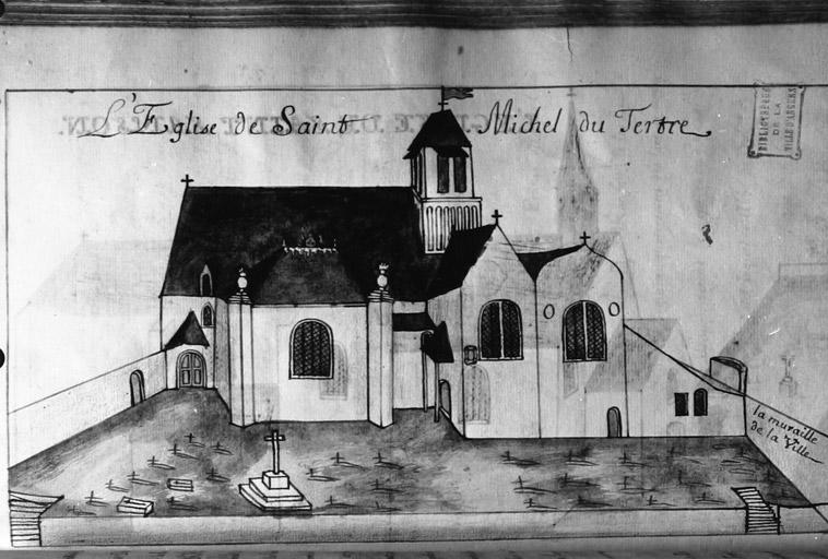 Elévation sud de l'église, sur le cimetière ; de gauche à droite : la chapelle Louet, la petite chapelle Saint-Pierre, la chapelle dite Notre-Dame de Pitié, la chapelle Lanier et la sacristie. Dessin, Ballain, 1716